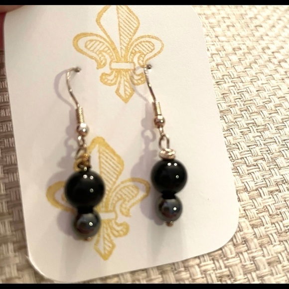 𝅺Genuine Silver Earrings Handmade Onyx & Hematite Beads Chic Modern - Picture 3 of 7